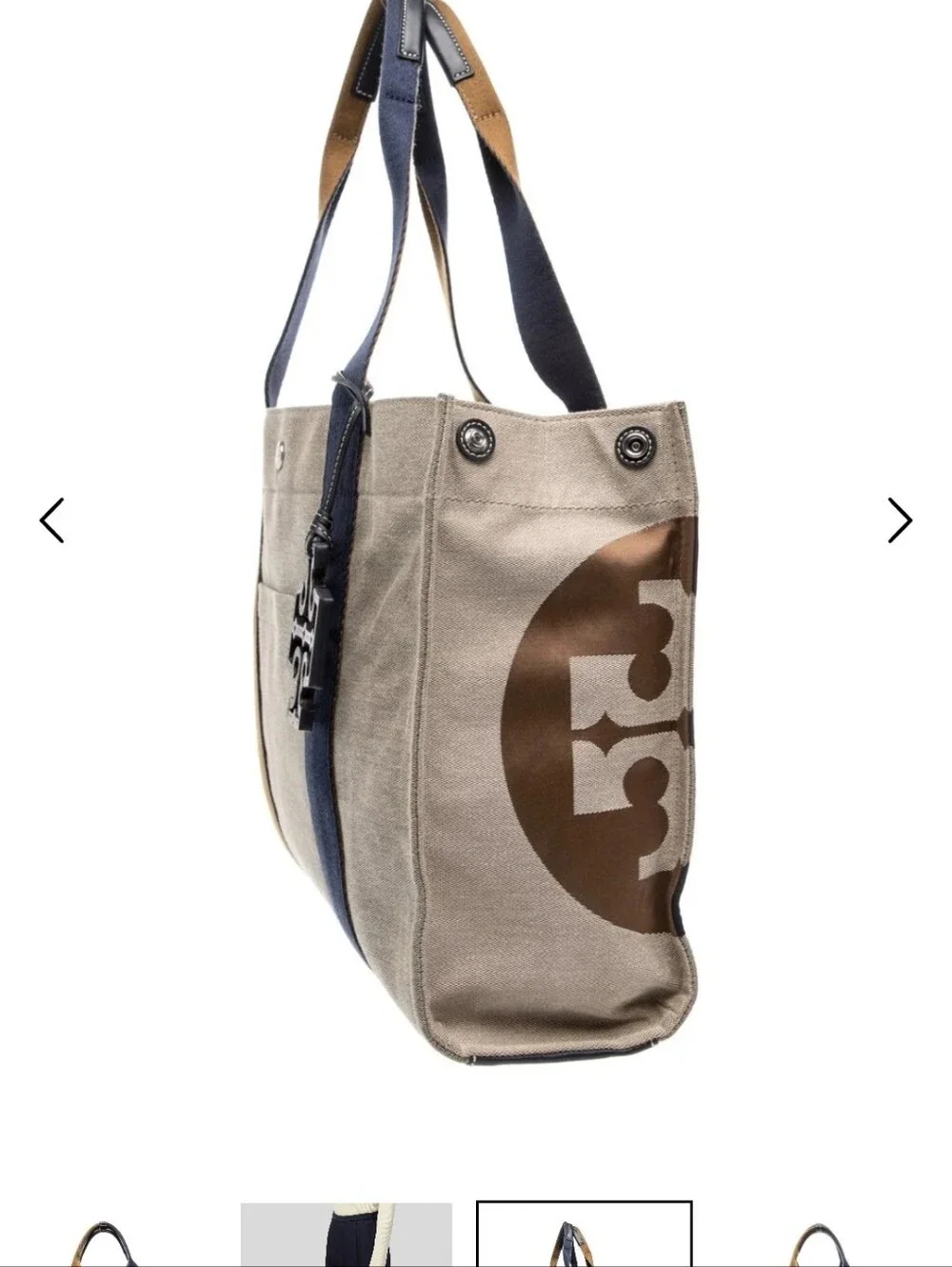 Tory Burch Ella Canvas Logo Tote Natural Navy Tan Double T Bag